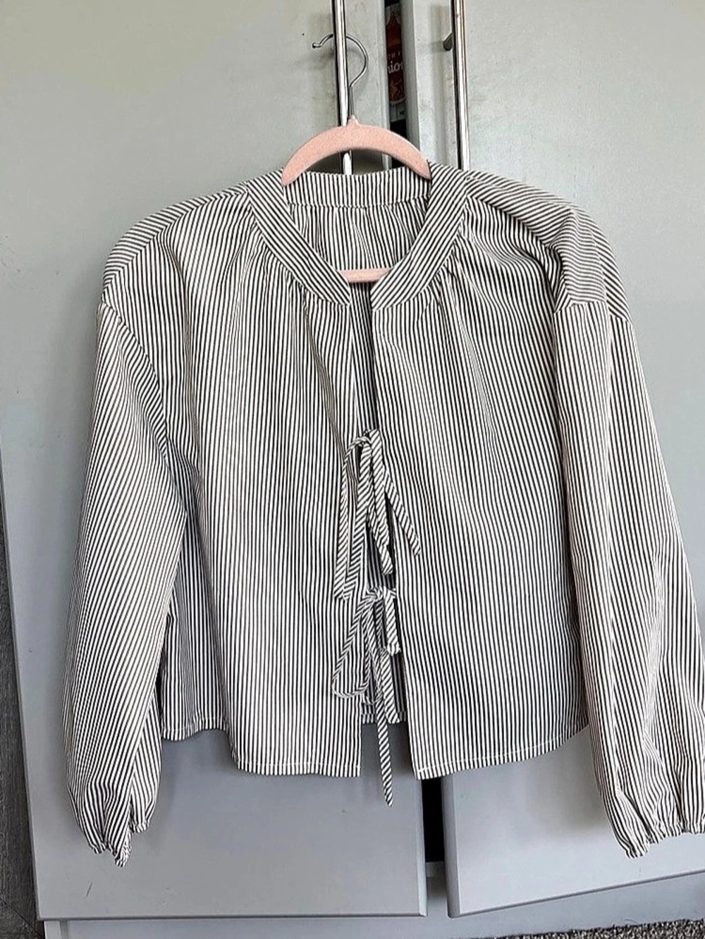 Striped Tie-Front Blouse in White & Black Like New